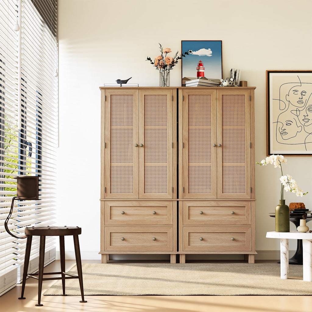 Homfa Rattan Cabinet with Doors, Tall Storage Cabinet with 2 Drawers, Narrow Accent Versatile Cabinet for Living Room, Oak