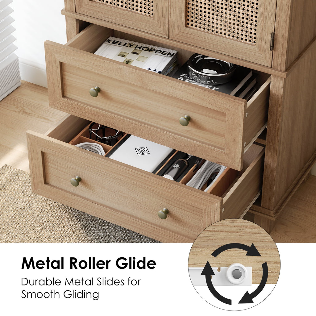 Homfa Rattan Cabinet with Doors, Tall Storage Cabinet with 2 Drawers, Narrow Accent Versatile Cabinet for Living Room, Oak