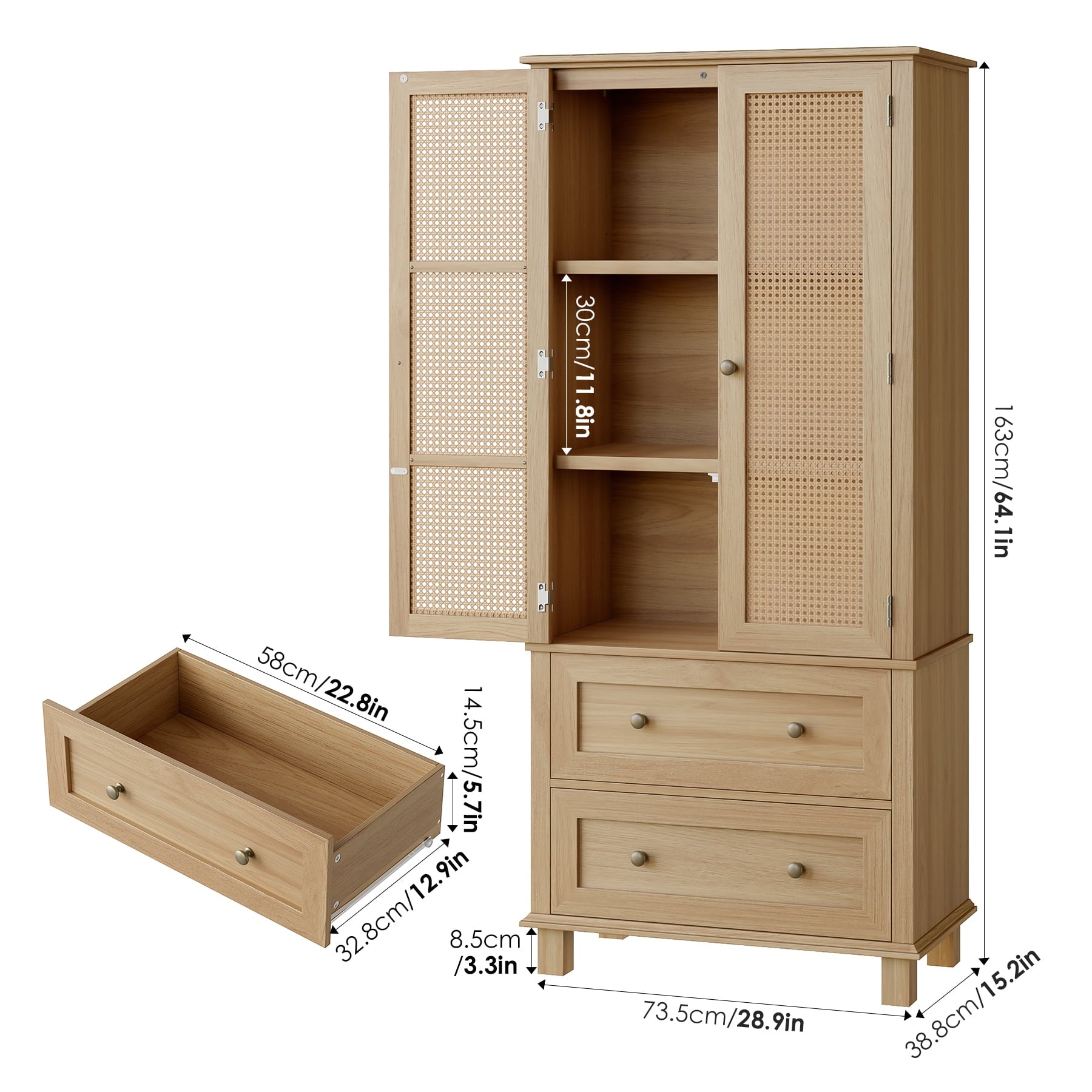 Homfa Rattan Cabinet with Doors, Tall Storage Cabinet with 2 Drawers, Narrow Accent Versatile Cabinet for Living Room, Oak