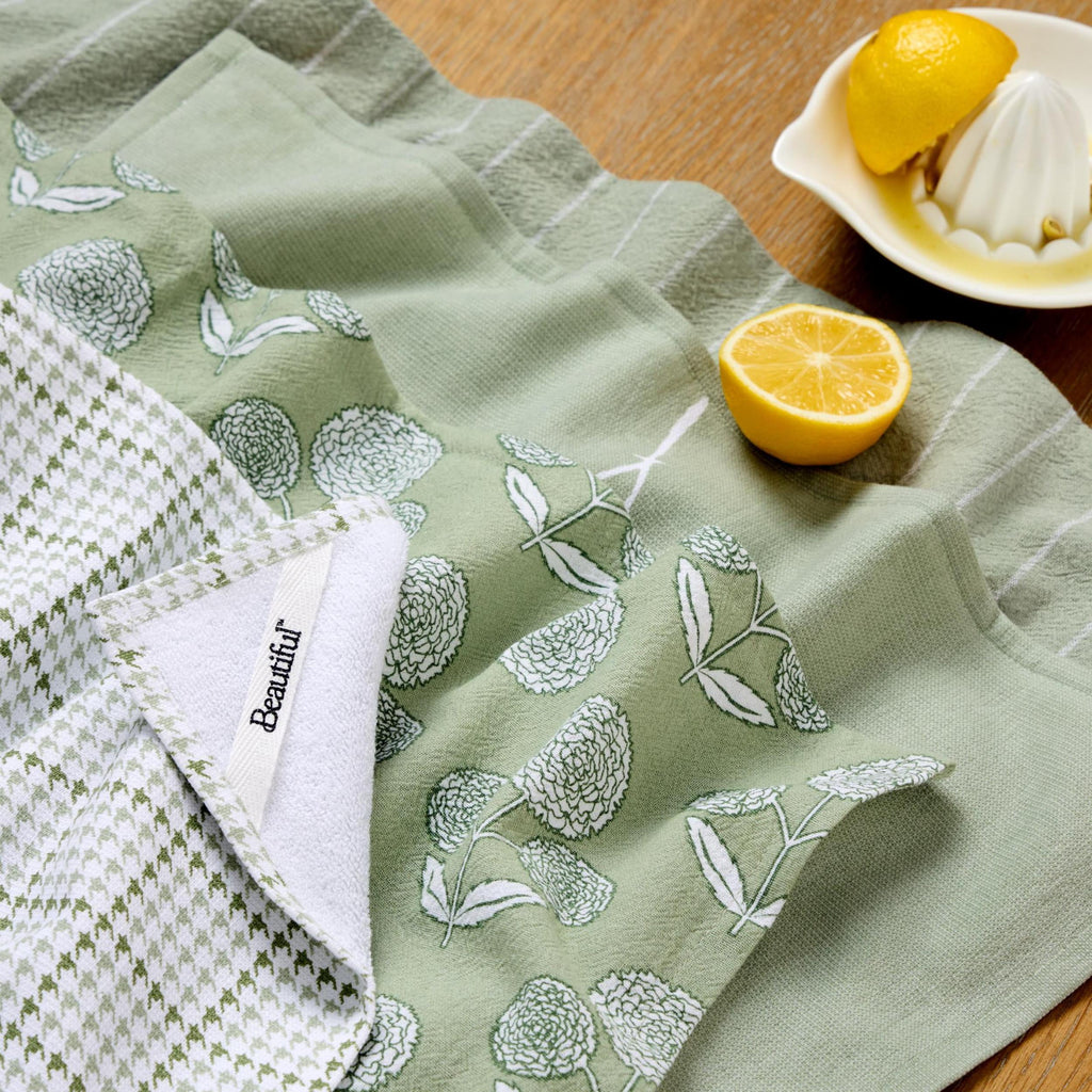 Beautiful Home by Drew Barrymore 4-Piece Kitchen Towel Set, Sage Green, 16"W x 26"L