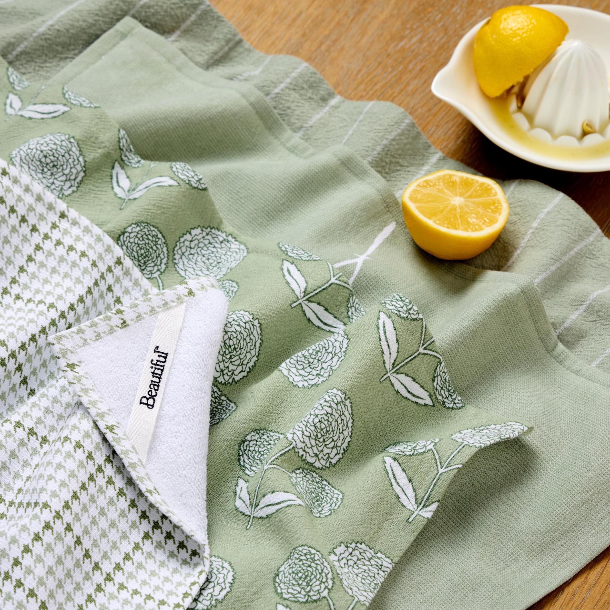 Beautiful Home by Drew Barrymore 4-Piece Kitchen Towel Set, Sage Green, 16"W x 26"L