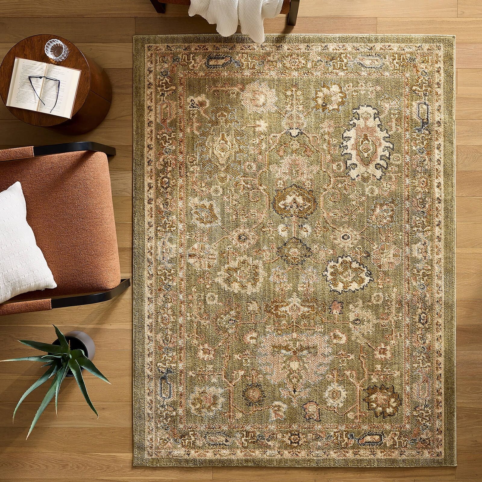 Better Homes and Garden Modern Oushak Low Pile Stain and Fade Resistant Indoor Green Area Rug, 7'10" x 10'