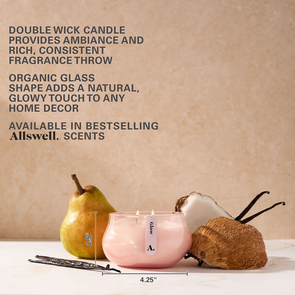 Allswell Glow (Vanilla + Pear + Coconut) Scented 1-Wick Organic Blown Jar Spa Candle 8oz.