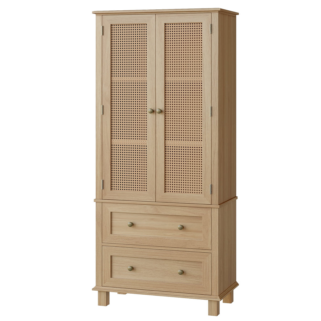 Homfa Rattan Cabinet with Doors, Tall Storage Cabinet with 2 Drawers, Narrow Accent Versatile Cabinet for Living Room, Oak