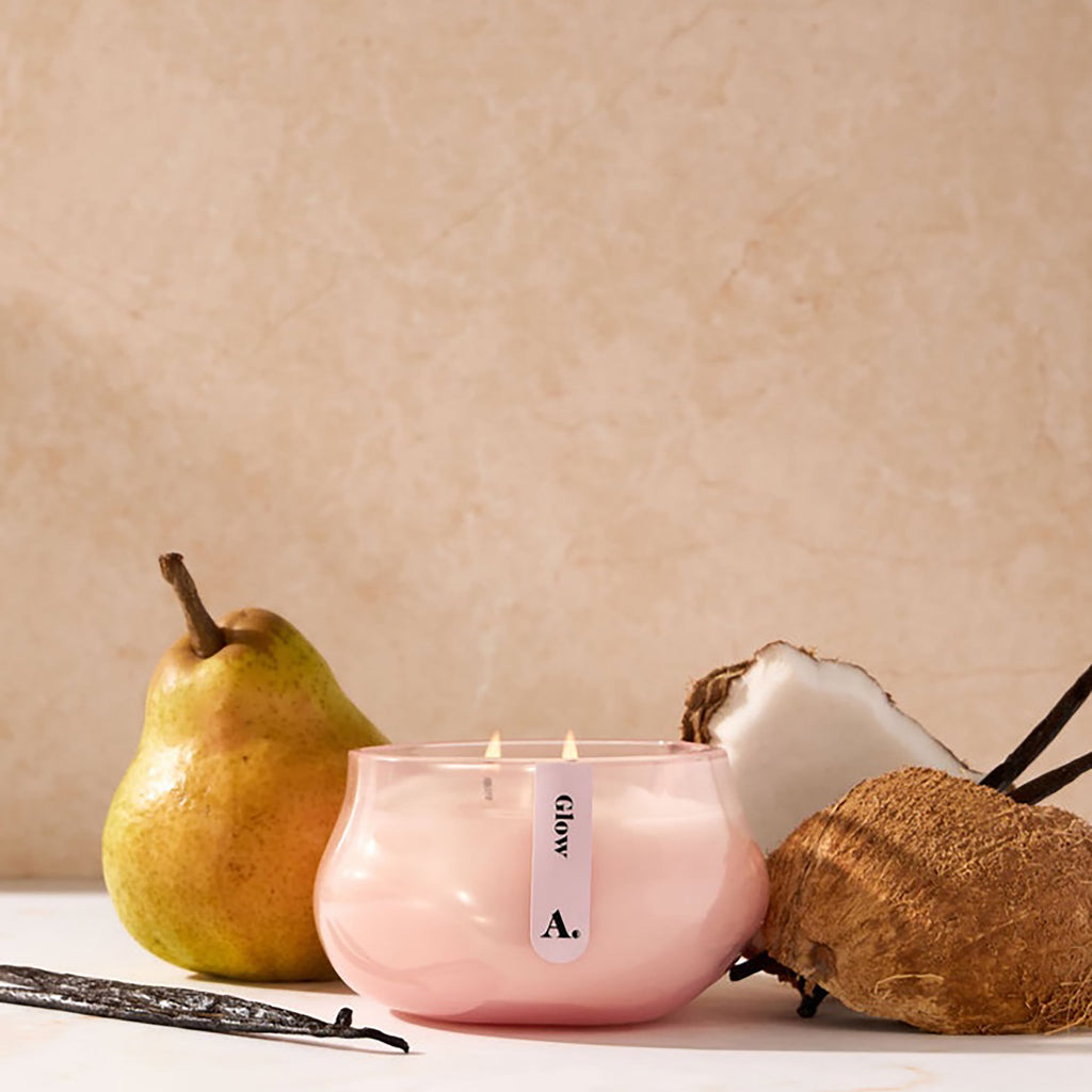 Allswell Glow (Vanilla + Pear + Coconut) Scented 1-Wick Organic Blown Jar Spa Candle 8oz.