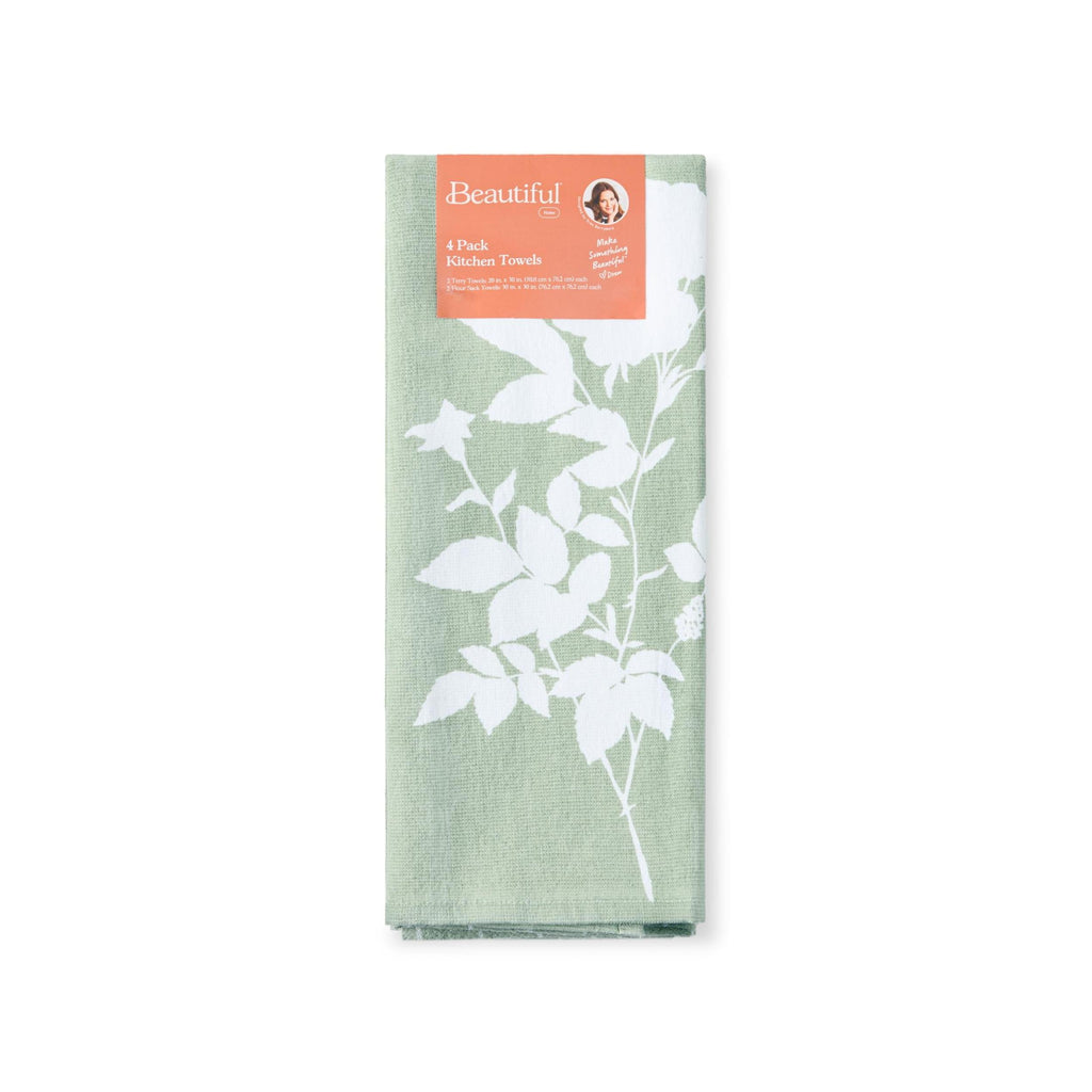 Beautiful Home by Drew Barrymore 4-Piece Kitchen Towel Set, Sage Green, 16"W x 26"L