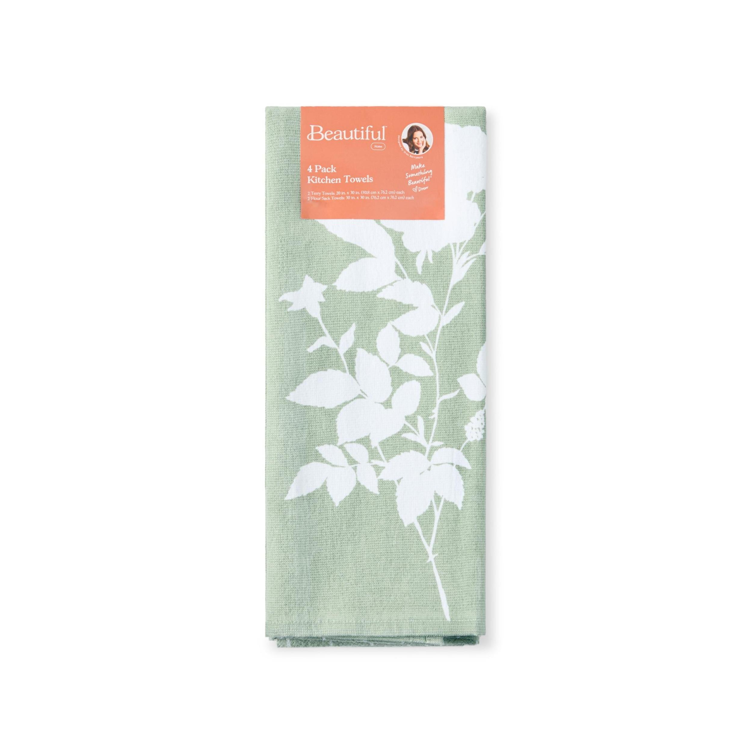 Beautiful Home by Drew Barrymore 4-Piece Kitchen Towel Set, Sage Green, 16"W x 26"L