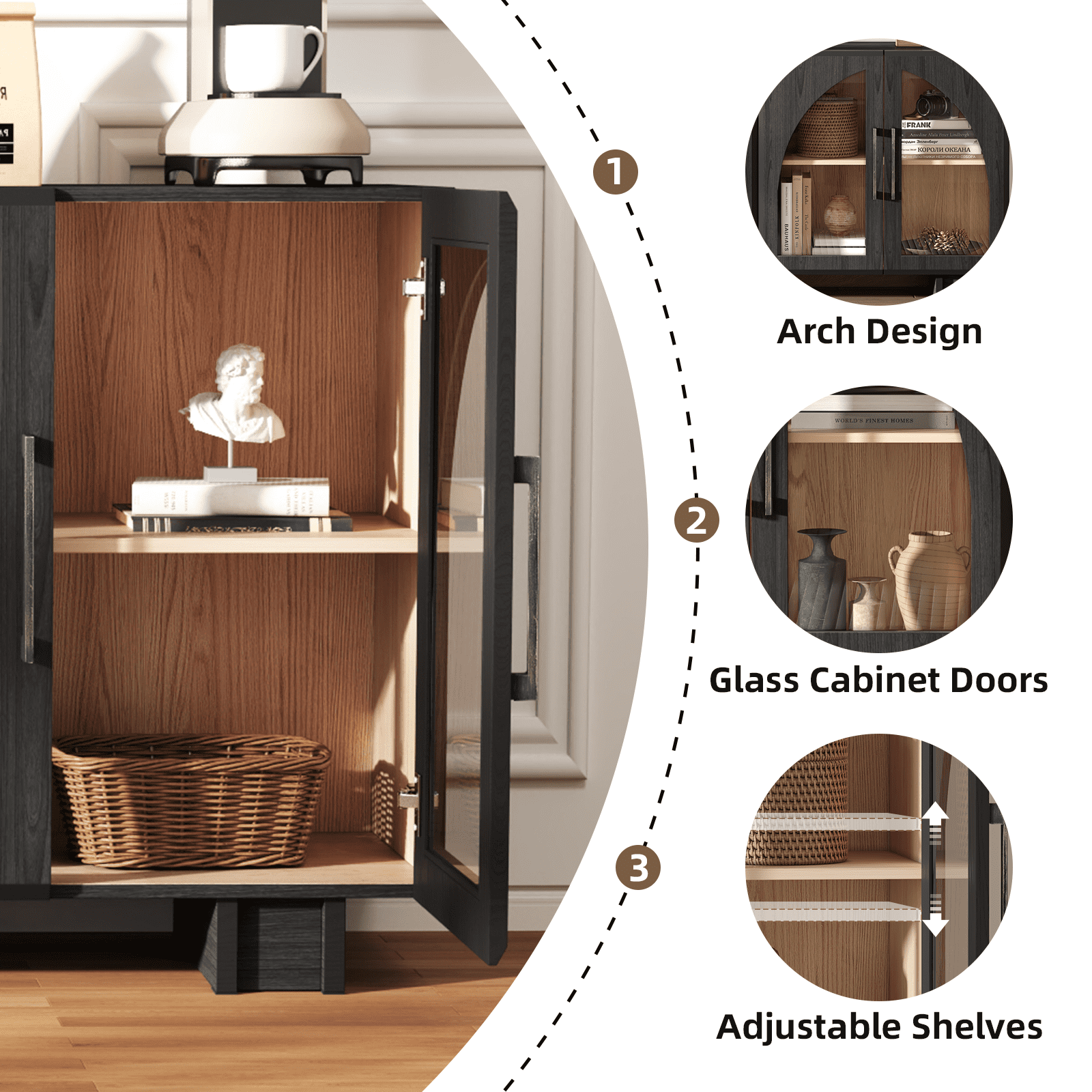 JOINICE Sideboard Buffet Cabinet Modern Accent Console Cabinet with Arched Glass Doors and Storage,Black,for Living Room,Dining Room,Entryway